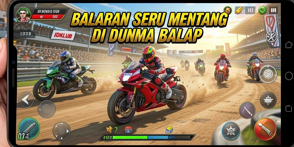 Tampilan intens dari balapan seru di IDKLUB dengan mobil-mobil cepat.