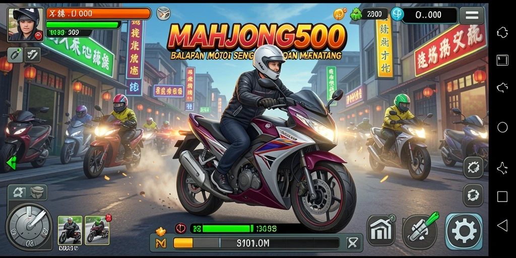Gameplay seru balapan motor di MAHJONG500 yang penuh adrenalin.