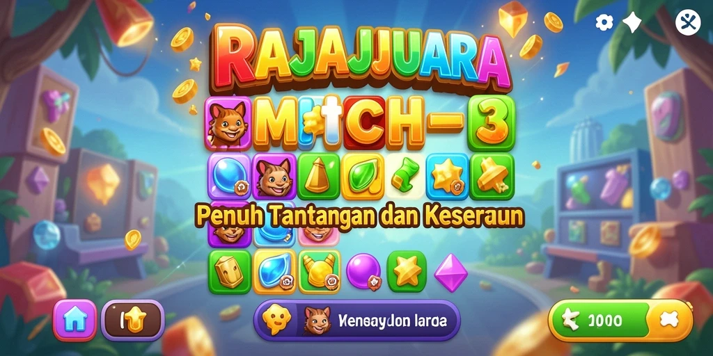 Screenshot gameplay RAJAJUARA menampilkan aksi seru pencocokan simbol.